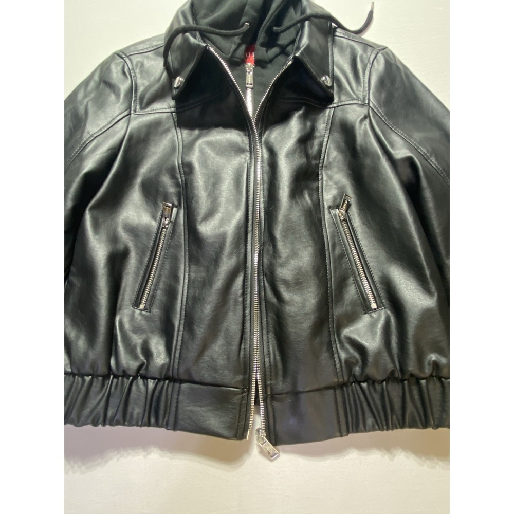 GUESS‎ Los Angeles Womens Faux Leather Moto Jacket Removable Hood Black Medium - Picture 4 of 16
